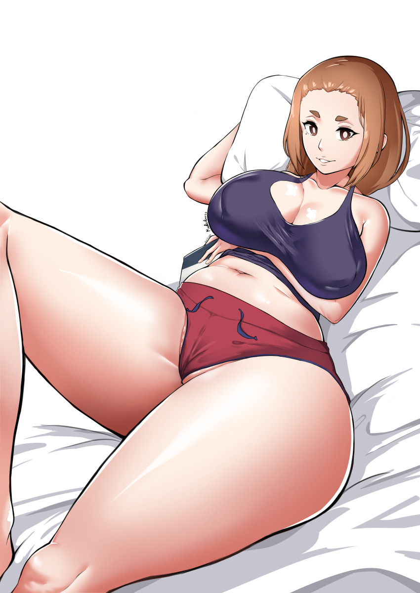 1girl, absurdres, bed, breasts, brown_eyes, brown_hair, cleavage, collarbone