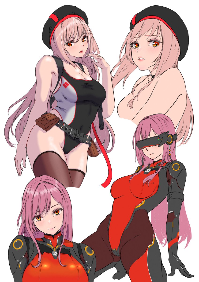 1girl, armored_bodysuit, armored_gloves, belt_pouch, beret, black_choker, bodysuit, breasts