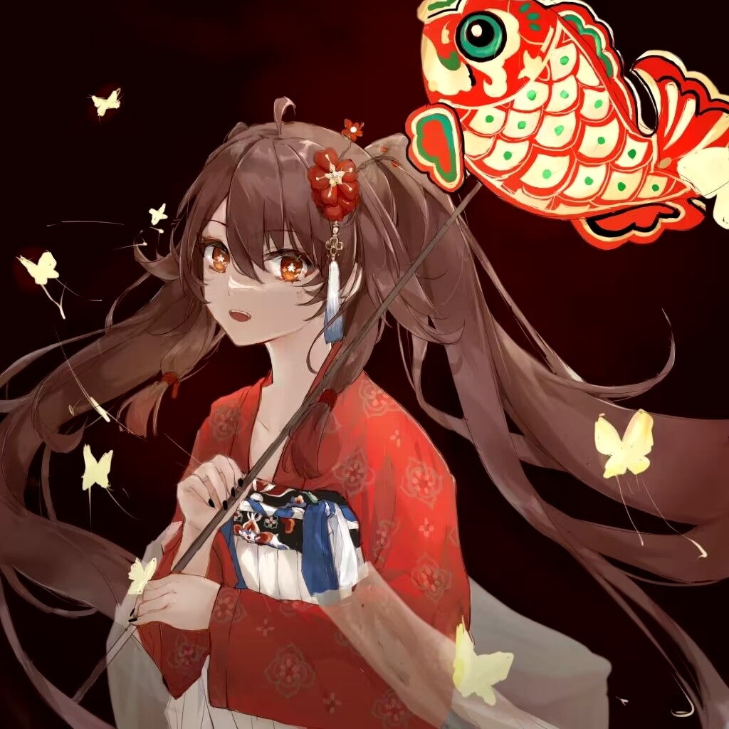 1girl, alternate_costume, alternate_hairstyle, black_background, black_nails, brown_hair, bug, butterfly