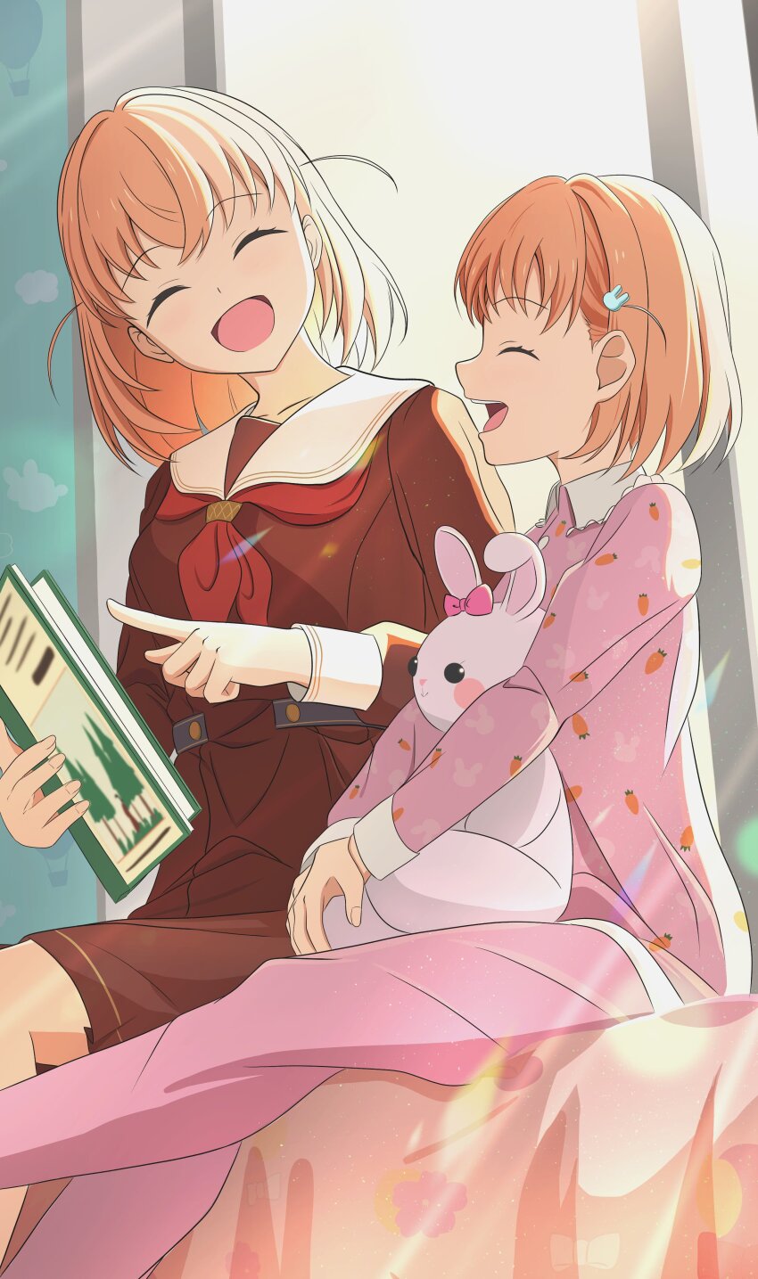 2girls, ^_^, absurdres, aged_down, book, brown_dress, closed_eyes, collarbone