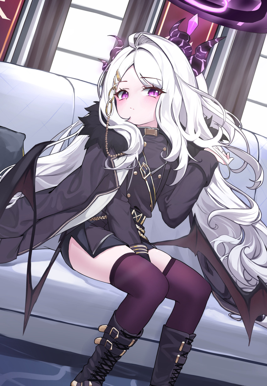 1girl, :/, absurdres, blue_archive, blue_boots, blue_jacket, blue_skirt, blush