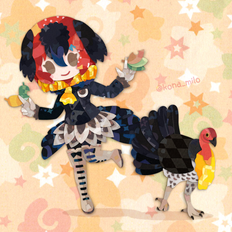 1girl, animal, australian_brushturkey_(kemono_friends), bird, bird_girl, bird_tail, boots, brown_eyes