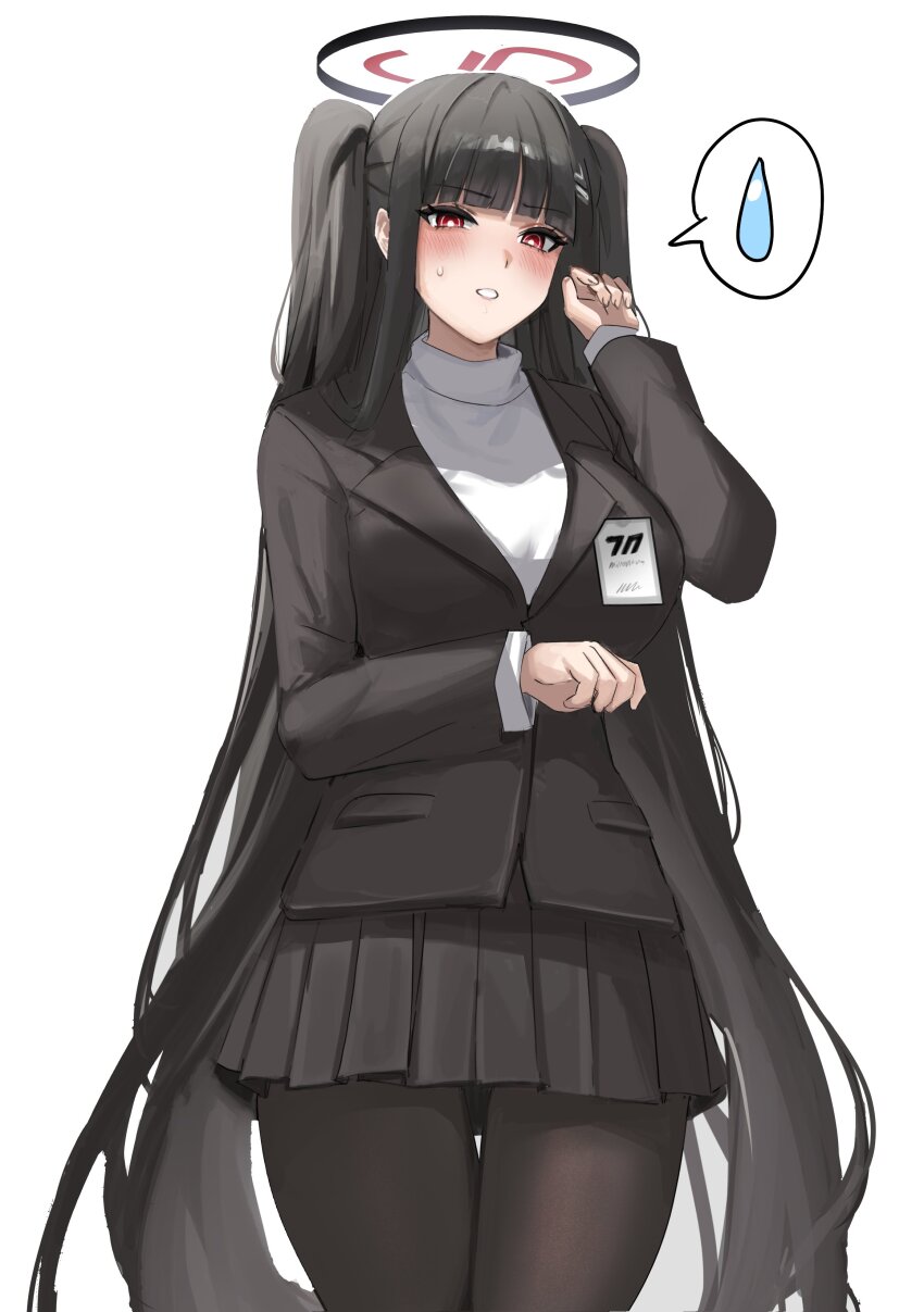 1girl, absurdres, alternate_costume, black_hair, black_pantyhose, black_skirt, blue_archive, blush