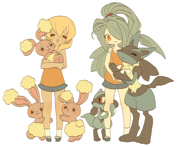 2boys, blonde_hair, blue_hair, buneary, gen_4_pokemon, guilty, hair_over_one_eye, inazuma_eleven