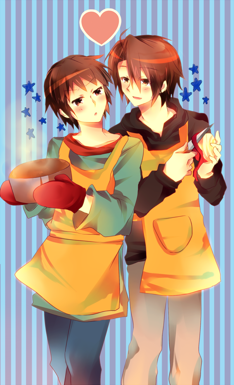 2boys, apron, bad_id, bad_pixiv_id, brown_eyes, brown_hair, heart, highres