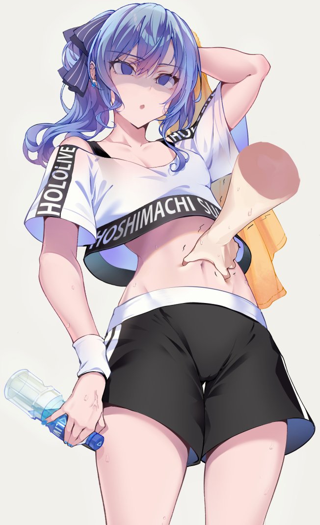 1girl, anger_vein, black_shorts, black_sports_bra, blue_hair, blue_nails, bottle, breasts