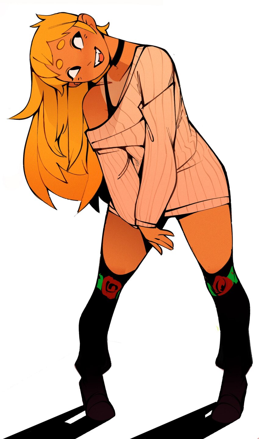 1girl, absurdres, backlighting, black_choker, black_eyes, black_thighhighs, blonde_hair, boondraws