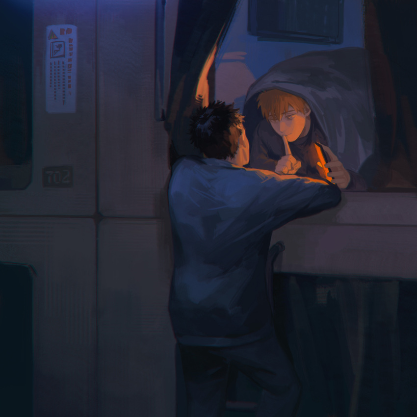 2boys, absurdres, black_hair, black_pants, cellphone, character_request, chinese_commentary, chino1048