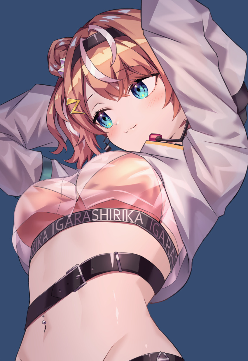 1girl, absurdres, belt, black_belt, black_hairband, blue_background, blue_eyes, breasts