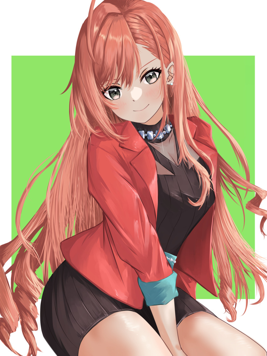 1girl, absurdres, ahoge, arisugawa_natsuha, arm_between_legs, black_dress, blush, breasts