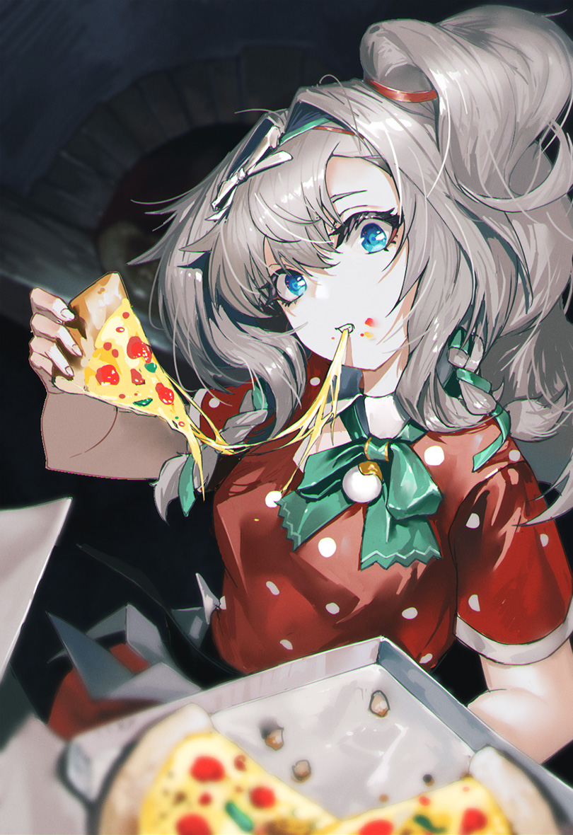1girl, aqua_bow, aqua_bowtie, aqua_hairband, blue_eyes, bow, bowtie, cheese, cheese_trail, clenched_teeth, dress, eating, food, food_on_face, grey_hair, hairband, holding, holding_food, holding_pizza, looking_at_viewer, matilda_bouanich, matilda_bouanich_(the_great_taste_investigator), medium_hair, official_alternate_costume, one_side_up, oven, pizza, pizza_box, pizza_slice, polka_dot, polka_dot_dress, red_dress, reverse:1999, short_sleeves, solo, teeth, upper_body, xleontan