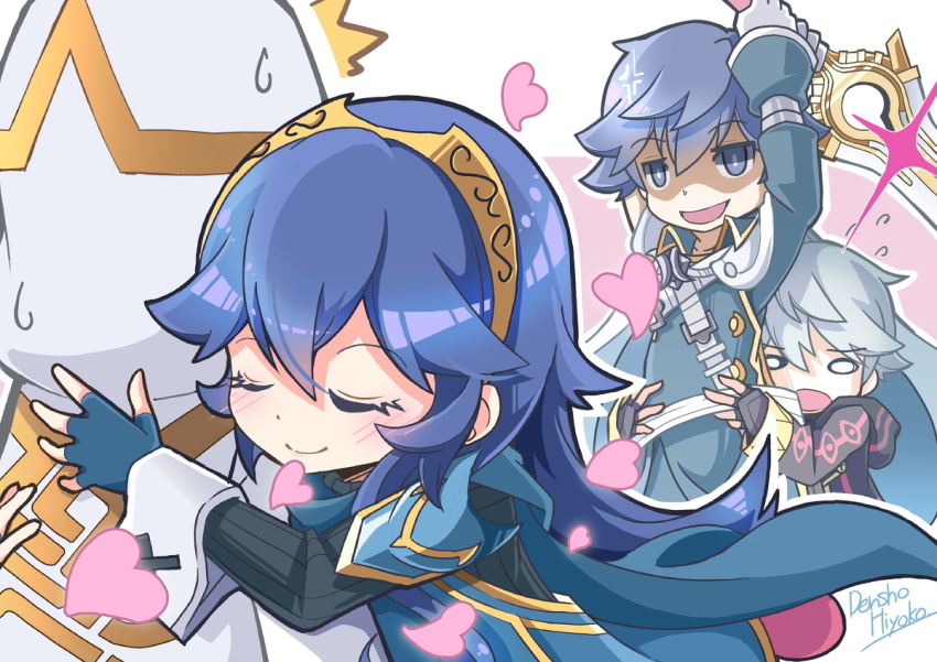 1girl, 3boys, blue_cape, blue_eyes, blue_gloves, blue_hair, cape, chrom_(fire_emblem)