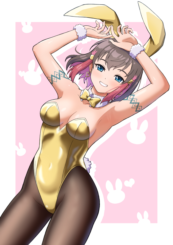 1girl, animal_ears, armpits, azure_striker_gunvolt, azure_striker_gunvolt_3, bare_shoulders, black_pantyhose, blue_eyes