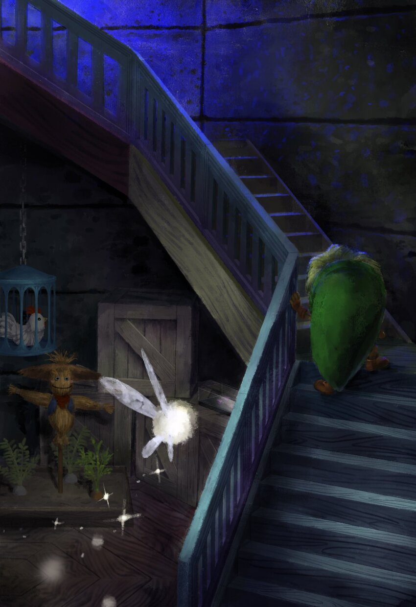 1boy, 1girl, bird, cage, carrot, chicken, crate, cucco, deku_link, fairy, hat, highres, indoors, link, nintendo, phrygian_cap, pierre_(zelda), planter, scarecrow, stairs, tatl, the_legend_of_zelda, the_legend_of_zelda:_majora's_mask, umousan