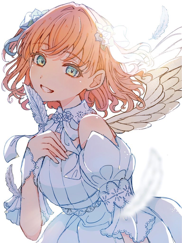 1girl, :d, aqua_eyes, collar, commentary_request, crossed_bangs, detached_collar, dress