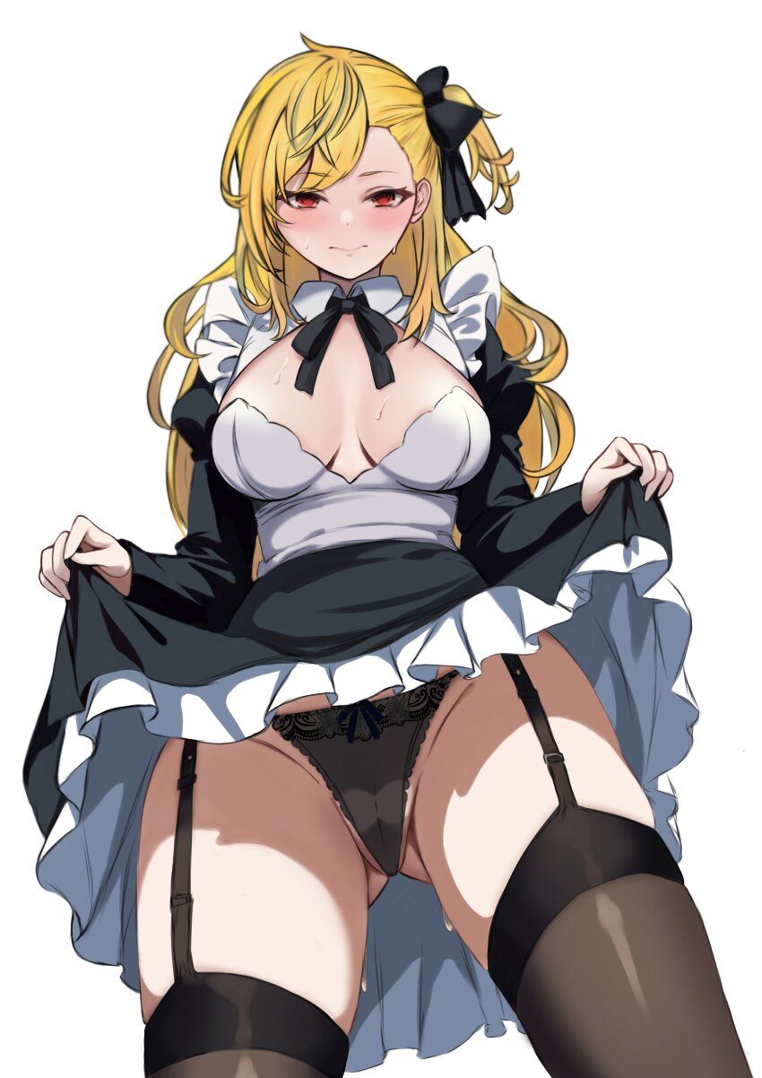 1girl, absurdres, alternate_costume, black_bow, blonde_hair, blush, bow, breasts