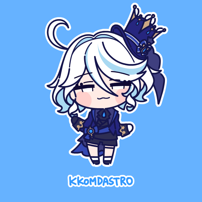 1girl, :3, animated, animated_gif, artist_name, ascot, black_ascot, black_footwear, black_gloves, black_shorts, blue_background, blue_hair, blue_hat, chibi, closed_mouth, dancing, full_body, furina_(genshin_impact), genshin_impact, gloves, grey_hair, grey_shorts, hair_between_eyes, hair_intakes, hat, jitome, kkomdastro, long_hair, long_sleeves, looking_at_viewer, low_twintails, medium_hair, mini_hat, multicolored_hair, no_nose, no_pupils, shorts, side_ahoge, simple_background, socks, solo, sparkle, streaked_hair, twintails, very_long_hair, vision_(genshin_impact), white_socks