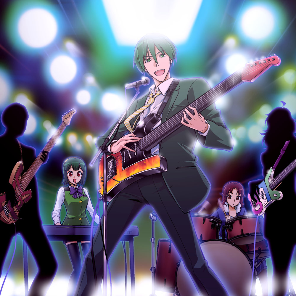 00s, 2boys, 3girls, :d, akizuki_ryo, band_(music), bass_guitar, black_thighhighs