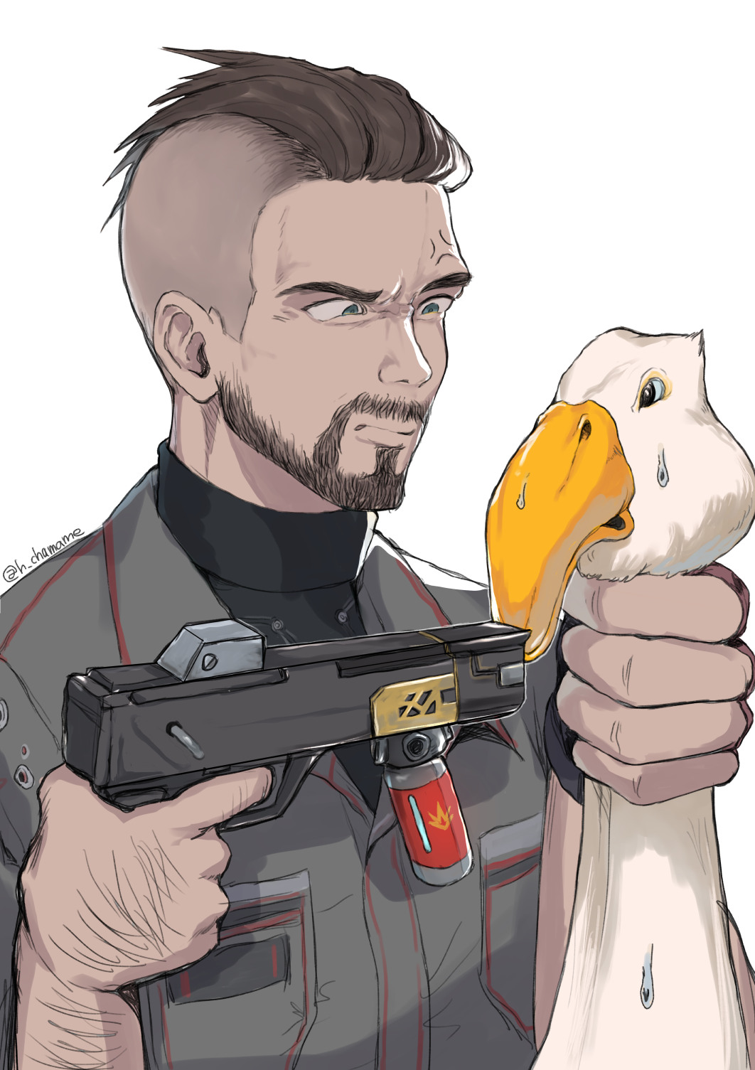 1boy, anger_vein, animal, arm_hair, artist_name, atomic_heart, beak, beard