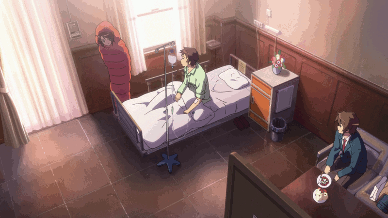 10s, 1girl, 2boys, animated, animated_gif, anime_screenshot, bed, brown_hair, faceplant, hairband, headbutt, hospital_bed, hospital_room, koizumi_itsuki, kyon, multiple_boys, sleeping_bag, spoilers, suzumiya_haruhi, suzumiya_haruhi_no_shoushitsu, suzumiya_haruhi_no_yuuutsu