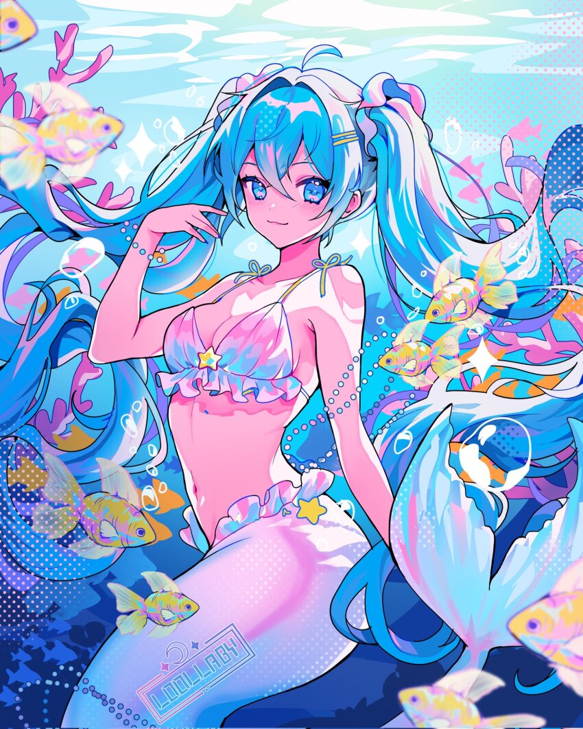 1girl, ahoge, air_bubble, bikini, bikini_top_only, blue_eyes, blue_hair, breasts, bubble, cleavage, fish, floating_hair, frills, hair_ornament, hairpin, halftone, hand_up, hatsune_miku, highres, jewelry, l00llaby, long_hair, looking_at_viewer, medium_breasts, merfolk, mermaid, mermay_2024, midriff, monster_girl, ocean, swimsuit, twintails, underwater, vocaloid