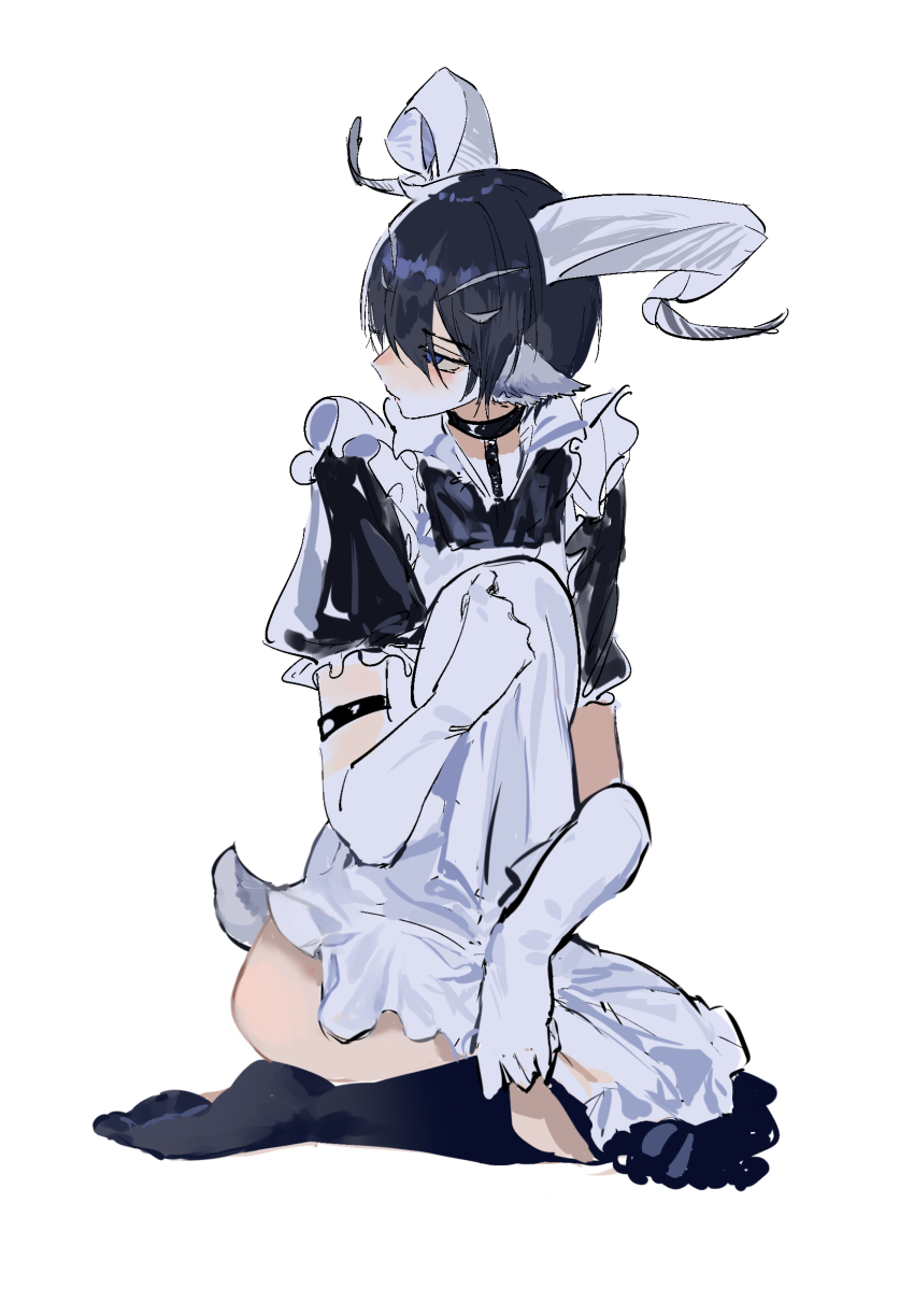 1boy, alternate_costume, animal_ears, apron, arknights, black_choker, black_dress, black_hair, black_socks, blue_eyes, blush, bondage_under_clothes, boots, choker, crossdressing, crossdressing_(mtf), dress, elbow_gloves, enmaided, full_body, gloves, goat_boy, goat_ears, goat_horns, hair_between_eyes, highres, horns, keropi, knee_boots, lessing_(arknights), maid, maid_apron, male_focus, male_maid, puffy_short_sleeves, puffy_sleeves, seiza, short_hair, short_sleeves, sitting, socks, solo, trap, white_apron, white_background, white_gloves