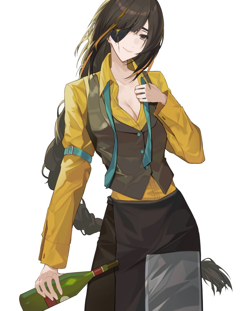 1girl, absurdres, alcohol, apron, blue_necktie, bottle, braid, breasts