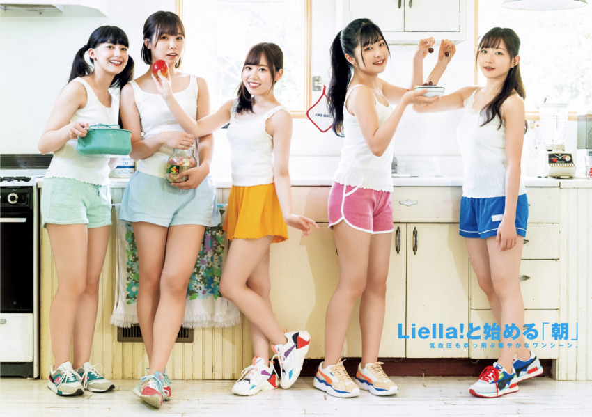 5girls, aoyama_nagisa, date_sayuri, indoors, kitchen, liella!, liyuu, looking_at_viewer, magazine_scan, misaki_nako, multiple_girls, payton_naomi, photo_(medium), scan, shoes, simple_background, smile, sneakers, standing