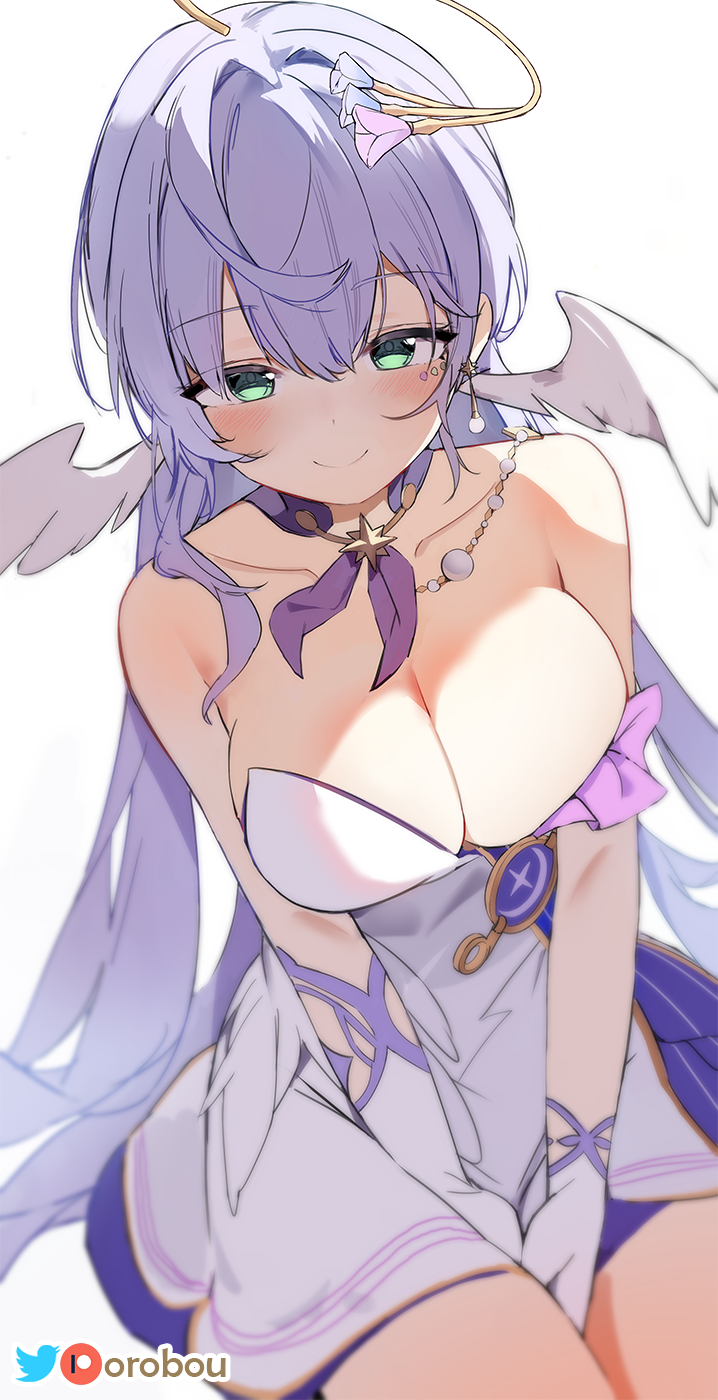 1girl, artist_name, between_legs, breasts, cleavage, closed_mouth, collar, collarbone, cowboy_shot, dress, gloves, green_eyes, halo, hand_between_legs, head_wings, highres, honkai:_star_rail, honkai_(series), jewel_under_eye, large_breasts, looking_at_viewer, low_neckline, musical_note_ornament, orobou, purple_collar, purple_dress, purple_hair, robin_(honkai:_star_rail), sitting, smile, solo, strapless, strapless_dress, two-tone_dress, white_background, white_dress, white_gloves, white_wings, wings