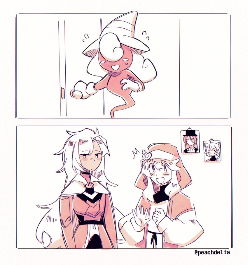 2others, 3boys, :d, a_(xenoblade), androgyne_symbol, androgynous, animal_ears, arc_system_works, ascot, blue_eyes, blush_stickers, bridget_(guilty_gear), cape, cat_ears, choker, crossover, curly_hair, ghost, ghost_tail, guilty_gear, guilty_gear_strive, hair_between_eyes, hair_over_eyes, hat, height_difference, highres, hood, jitome, juniper_(xenoblade), long_hair, long_sleeves, mario_(series), medium_hair, monochrome, monolith_soft, multiple_boys, multiple_crossover, multiple_others, nintendo, notice_lines, open_mouth, paper_mario, paper_mario:_the_thousand-year_door, peachdelta, puffy_long_sleeves, puffy_sleeves, sidelocks, simple_background, smile, standing, straight_hair, swept_bangs, tareme, testament_(guilty_gear), top_hat, upper_body, vivian_(paper_mario), witch_hat, xeno_(series), xenoblade_chronicles_(series), xenoblade_chronicles_3