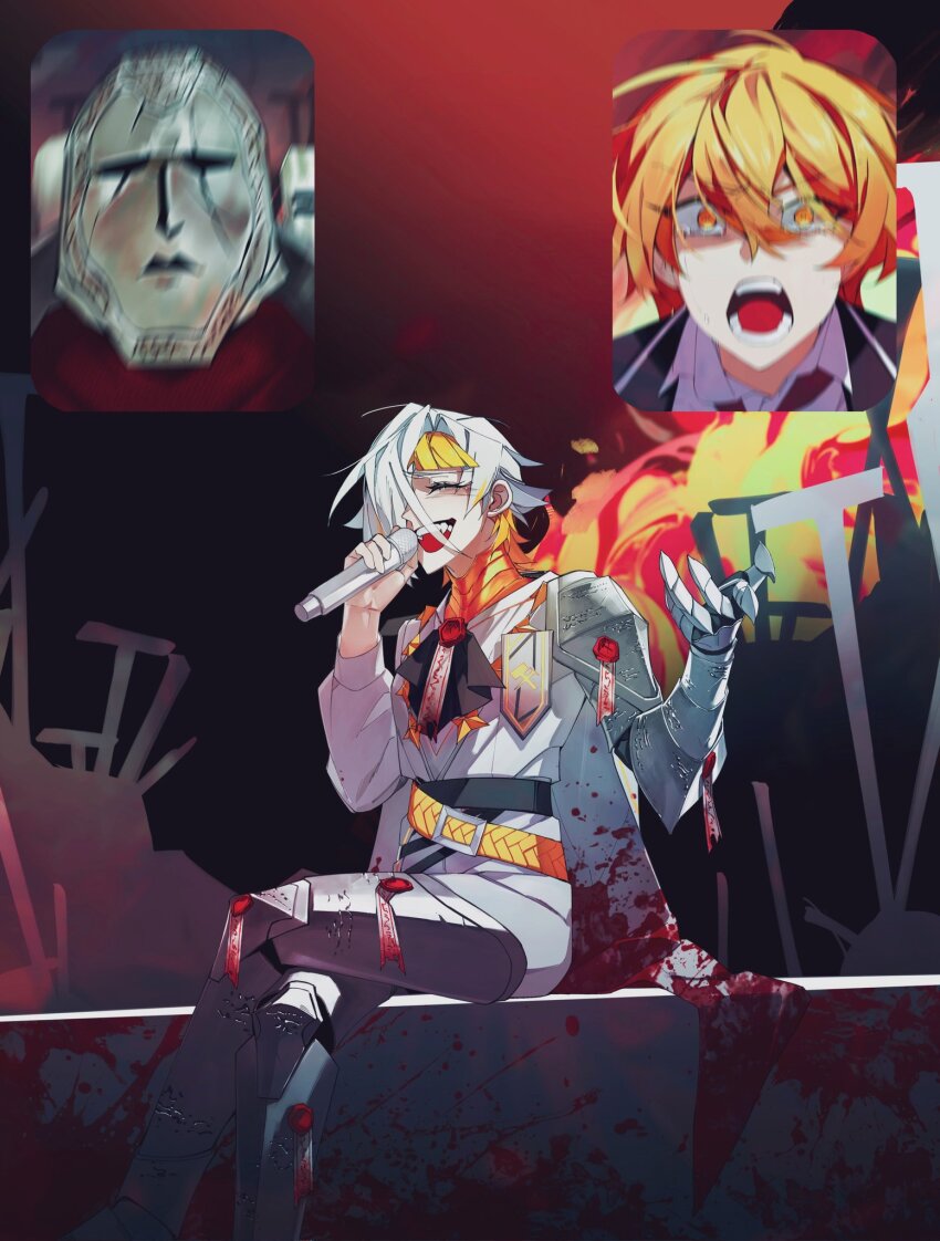 1girl, 2boys, armor, ascot, belt, bereal, black_ascot, blonde_hair