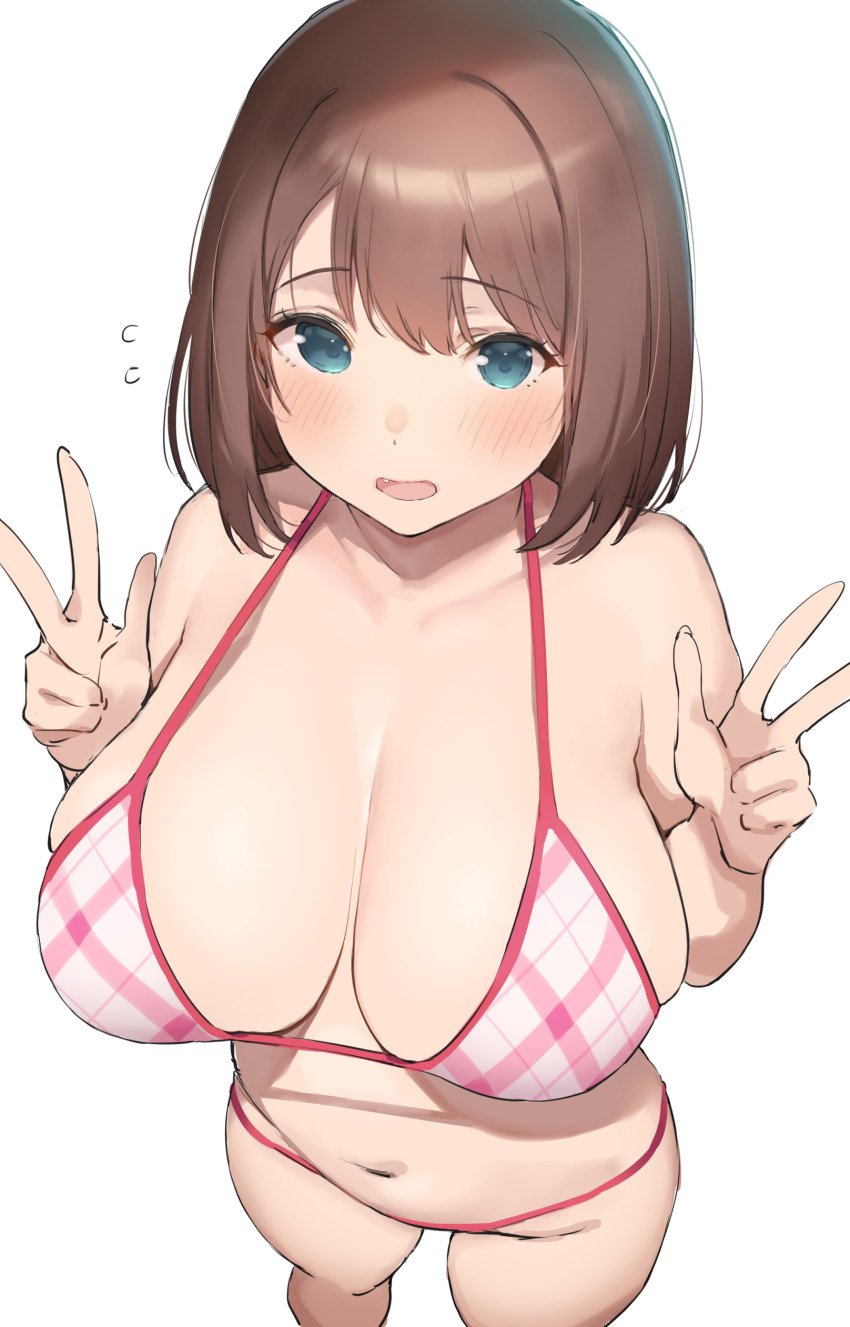 1girl, absurdres, bare_shoulders, bikini, blue_eyes, blush, breasts, brown_hair, cleavage, collarbone, commentary_request, double_v, fang, feet_out_of_frame, from_above, highres, huge_breasts, looking_at_viewer, navel, nekoshoko, open_mouth, pink_bikini, saki_(manga), short_hair, simple_background, smile, solo, standing, swimsuit, thighs, unozawa_shiori, v, white_background