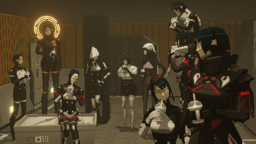 1boy, 6+girls, adler_(signalis), android, apnoiac, ara_(signalis), armor, black_hair