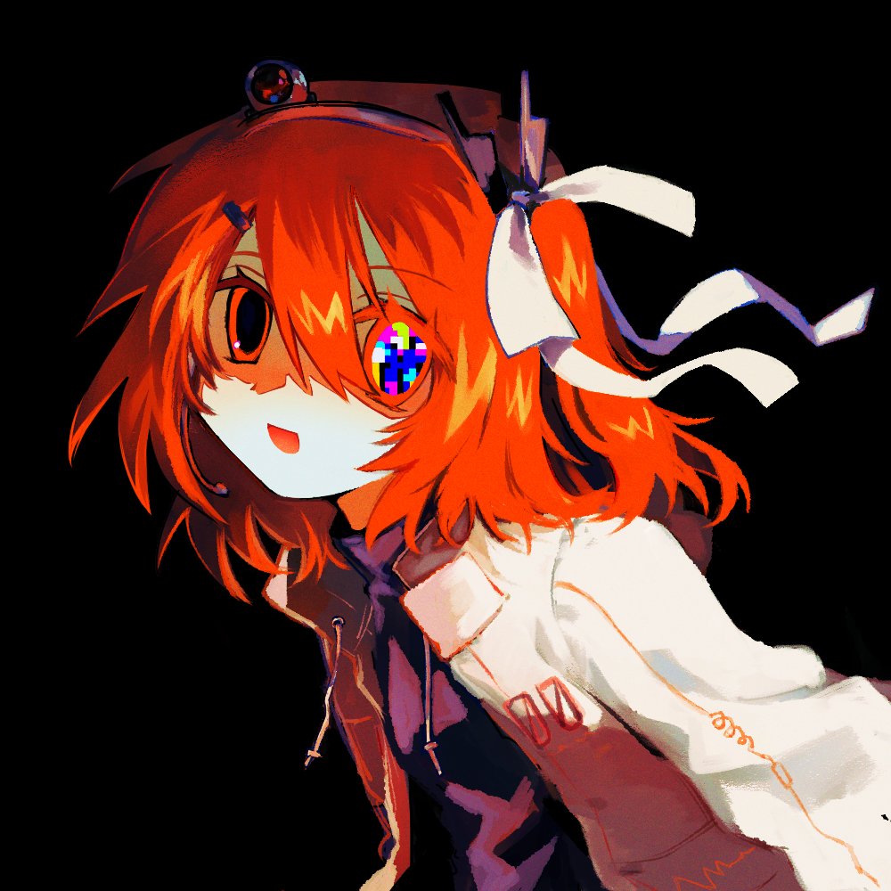 1girl, a.i._voice, adachi_rei, arms_behind_back, black_background, black_shirt, commentary_request, darkness, glitch, hair_ornament, hair_ribbon, hairclip, head_tilt, headlamp, headset, hood, hood_down, jacket, kajuu_(maimai_maimaa), leaning_forward, looking_at_viewer, medium_hair, microphone, open_clothes, open_jacket, open_mouth, orange_eyes, orange_hair, pale_skin, pixelated, radio_antenna, redrawn, ribbon, shaded_face, shirt, side_ponytail, smile, solo, swept_bangs, symbol_in_eye, turtleneck, underlighting, upper_body, utau, white_jacket, white_ribbon