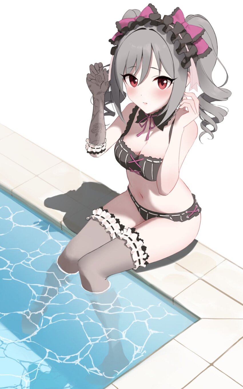 1girl, bikini, black_bikini, blush, breasts, cleavage, drill_hair, frilled_hairband