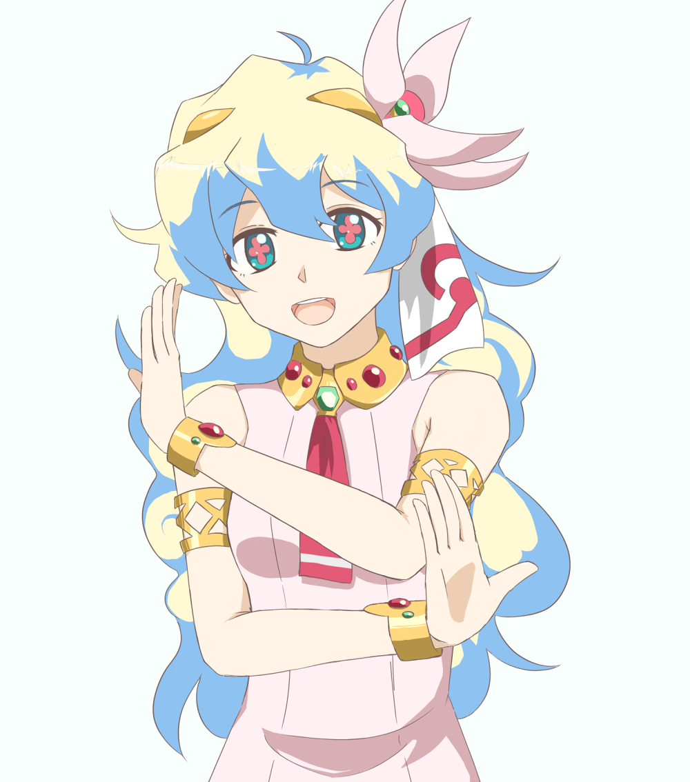 1girl, armlet, cross-shaped_pupils, curly_hair, flower, hair_flower, hair_ornament, jewelry