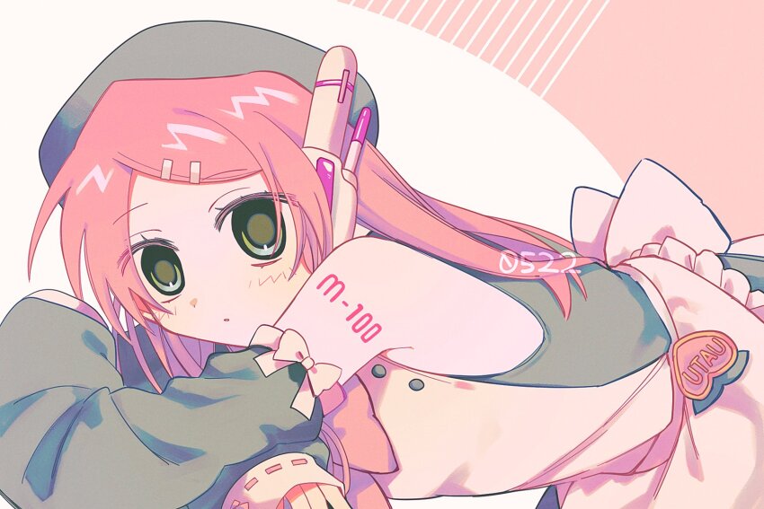 1girl, apron, bare_shoulders, bent_over, beret, blush, commentary, cowboy_shot