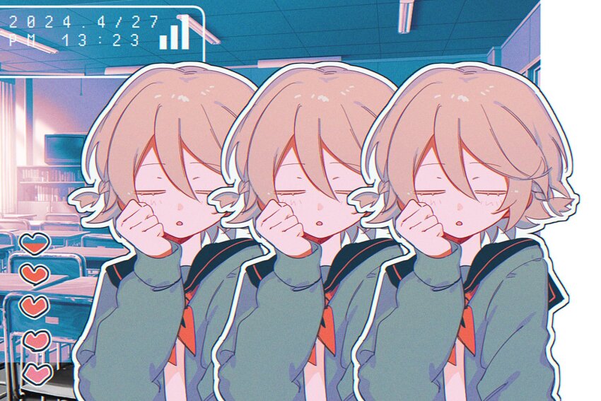 1girl, alternate_costume, black_sailor_collar, bookshelf, braid, brown_hair, cardigan, chestnut_mouth, classroom, clenched_hand, closed_eyes, commentary, desk, facing_viewer, fluorescent_lamp, green_cardigan, hand_up, heart, houkago_strategy_(vocaloid), indoors, kajuu_(maimai_maimaa), light_blush, long_sleeves, multiple_views, nurse_robot_type_t, open_mouth, outline, recurring_image, sailor_collar, school_desk, school_uniform, serafuku, shirt, short_hair, side_braids, signal_bar, timestamp, upper_body, utau, white_outline, white_shirt