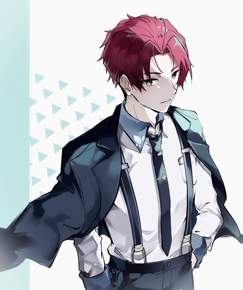 1boy, arms_at_sides, birthday, black_jacket, black_necktie, black_pants, breast_pocket, closed_mouth, collared_jacket, collared_shirt, commentary_request, curtained_hair, dress_shirt, floral_print, floral_print_shirt, from_above, green_eyes, hand_in_pocket, highres, idolmaster, idolmaster_side-m, idolmaster_side-m_growing_stars, jacket, jacket_on_shoulders, long_sleeves, maro_np, mayumi_eishin, necktie, pants, pocket, red_hair, shirt, short_hair, solo, standing, straight_hair, suspenders, white_shirt