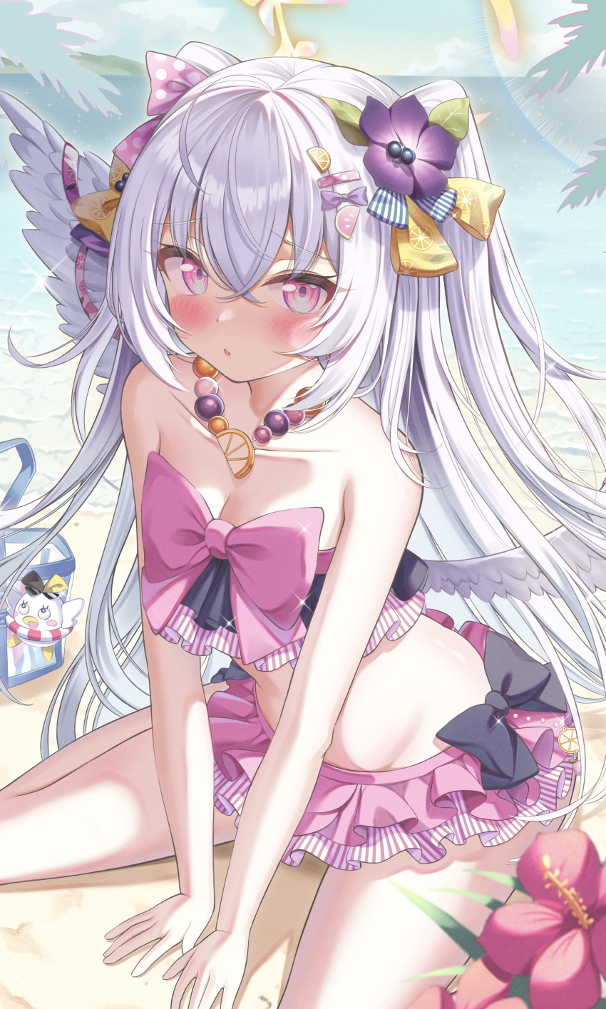 1girl, absurdres, angel_wings, azusa_(blue_archive), azusa_(swimsuit)_(blue_archive), bare_arms, bare_legs, bare_shoulders, beach, bikini, blue_archive, blush, breasts, cleavage, collarbone, color_pro, day, feathered_wings, flower, frilled_bikini, frills, grey_hair, hair_between_eyes, halo, highres, long_hair, looking_at_viewer, ocean, outdoors, parted_lips, peroro_(blue_archive), pink_bikini, pink_eyes, pink_flower, sitting, small_breasts, solo, swimsuit, wariza, white_wings, wings, yellow_halo