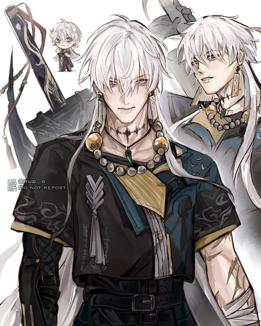 1boy, aiira_(mud_o), asymmetrical_sleeves, bandaged_arm, bandages, belt, black_belt, black_shirt, black_sleeves, chibi, chibi_inset, closed_mouth, commentary, earrings, english_commentary, geshu_lin_(wuthering_waves), greatsword, hair_between_eyes, highres, holding, holding_sword, holding_weapon, jewelry, long_hair, looking_at_viewer, male_focus, multiple_belts, multiple_views, necklace, scar, scar_on_arm, scar_on_face, scar_on_mouth, serious, shirt, single_sleeve, standing, sword, sword_on_back, tacet_mark_(wuthering_waves), toned, toned_male, tooth_necklace, upper_body, v-shaped_eyebrows, very_long_hair, weapon, weapon_on_back, white_background, white_hair, wuthering_waves, yellow_eyes