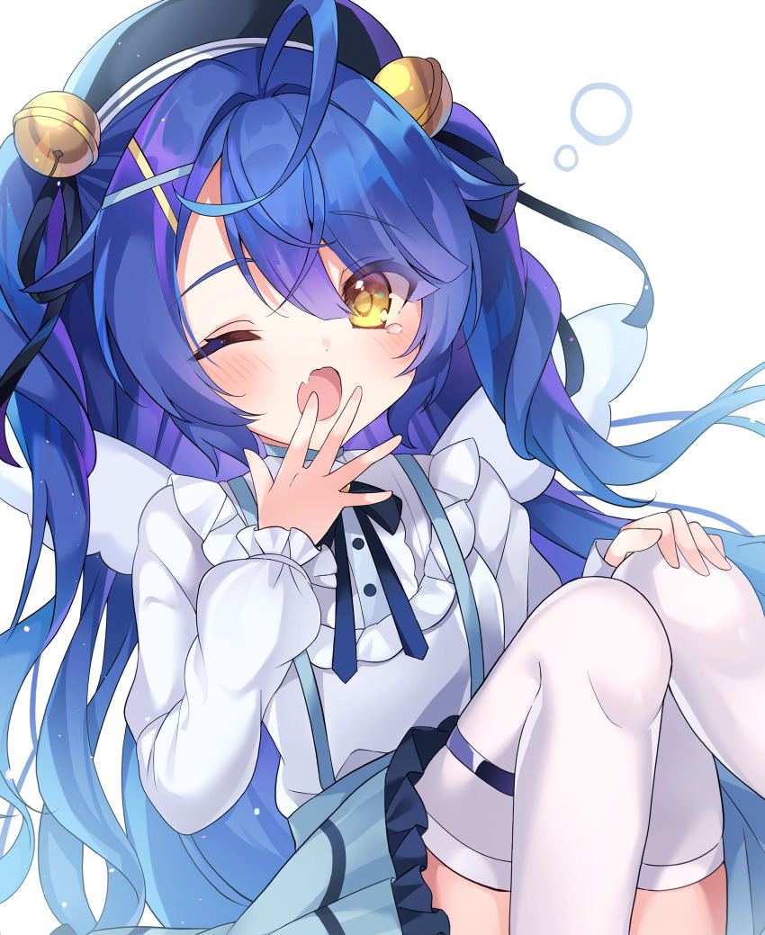 1girl, ;o, absurdres, ahoge, amamiya_kokoro, bell, beret, blue_hair