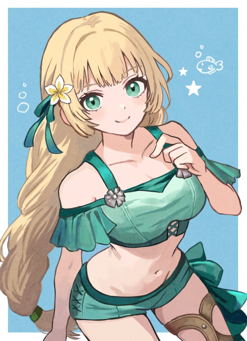 1girl, bare_shoulders, bikini, blonde_hair, breasts, collarbone, commentary_request, fire_emblem