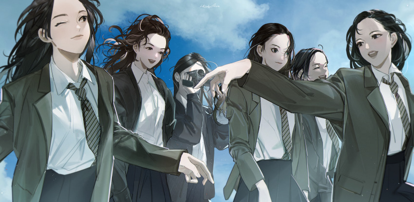 6+girls, ^_^, absurdres, animification, black_coat, black_eyes, black_hair, black_skirt