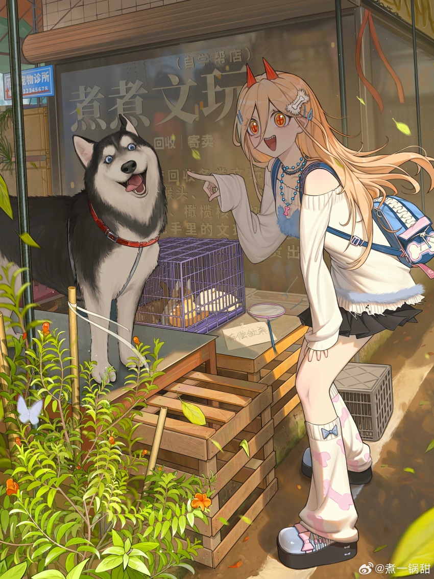 1girl, absurdres, backpack, bag, black_skirt, blonde_hair, blue_bag, blue_footwear