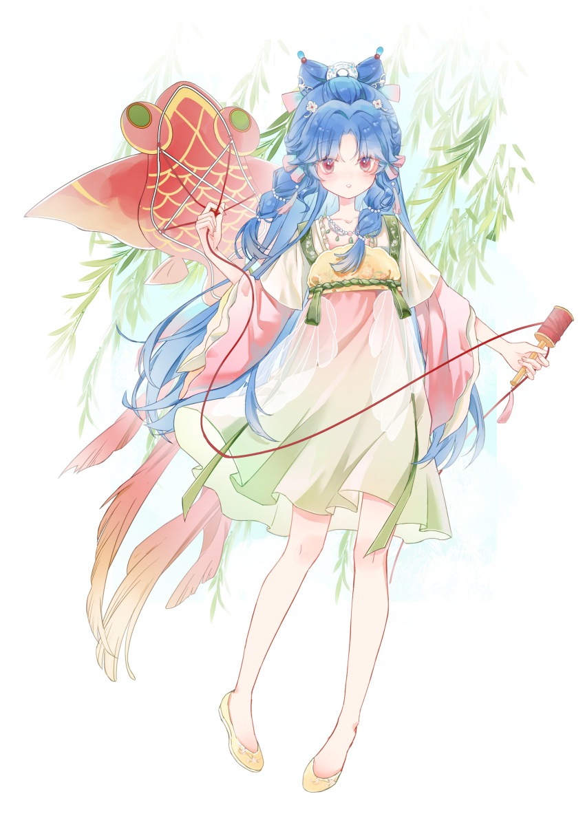 1girl, absurdres, bamboo, blue_hair, blush, braid, chinese_clothes, closed_mouth