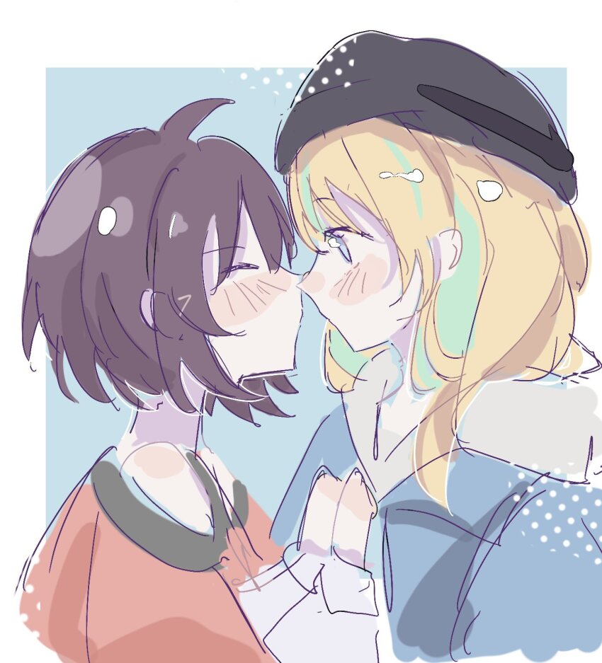 2girls, beanie, black_hat, blonde_hair, blue_jacket, blush, border, brown_hair, closed_eyes, commentary, english_commentary, green_hair, grey_hoodie, hat, highres, hood, hoodie, imminent_kiss, jacket, kouzuki_mahiru, long_hair, looking_at_another, multicolored_hair, multiple_girls, outside_border, sere_(_h11r_agi), short_hair, sidelocks, streaked_hair, upper_body, white_border, yamanouchi_kano, yoru_no_kurage_wa_oyogenai, yuri
