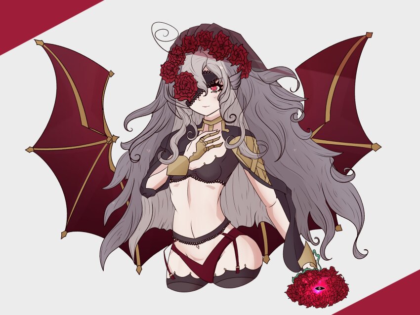 1girl, absurdres, alternate_costume, bat_wings, bra, breasts, closed_mouth, commentary, cowboy_shot, embla_(closed-off_bride)_(fire_emblem), embla_(fire_emblem), english_commentary, eyepatch, fire_emblem, fire_emblem_heroes, flower, grey_hair, hair_flower, hair_ornament, hand_on_own_chest, highres, long_hair, looking_at_viewer, meinou, navel, nintendo, red_eyes, red_flower, small_breasts, solo, underwear, very_long_hair, wings