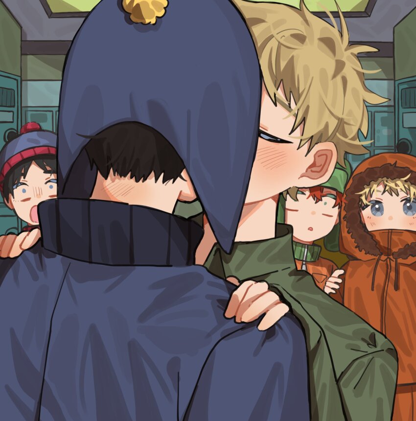5boys, animification, beanie, blonde_hair, blue_eyes, blush, closed_eyes, commentary, craig_tucker, green_shirt, hat, highres, hood, hoodie, indoors, jacket, kenny_mccormick, kyle_broflovski, long_sleeves, male_focus, mixed-language_commentary, multiple_boys, orange_hoodie, parka, ringodaisk, shirt, short_hair, shota, south_park, stan_marsh, tweek_tweak, yaoi