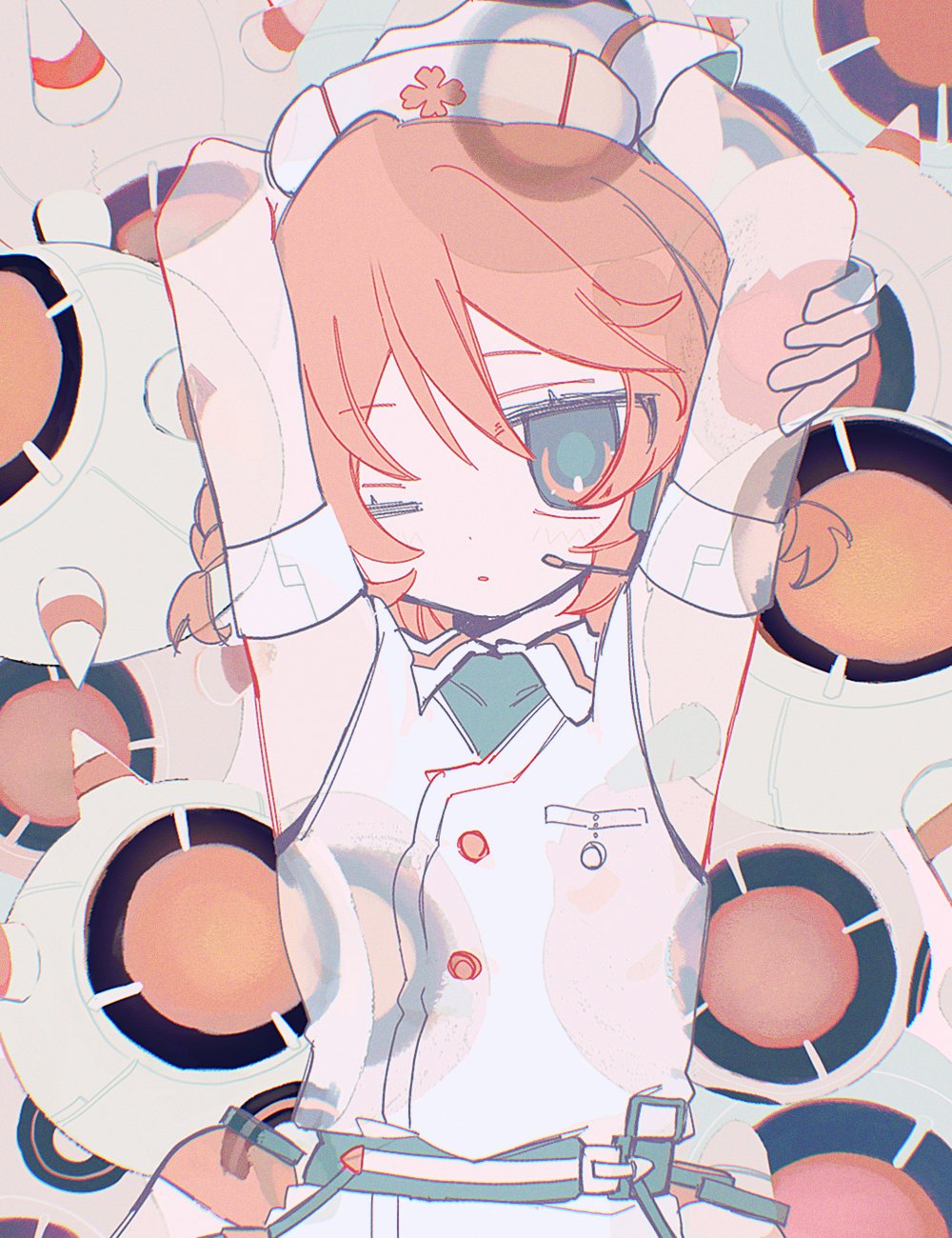 1girl, arm_strap, armpits, arms_behind_head, arms_up, belt, black_belt, braid